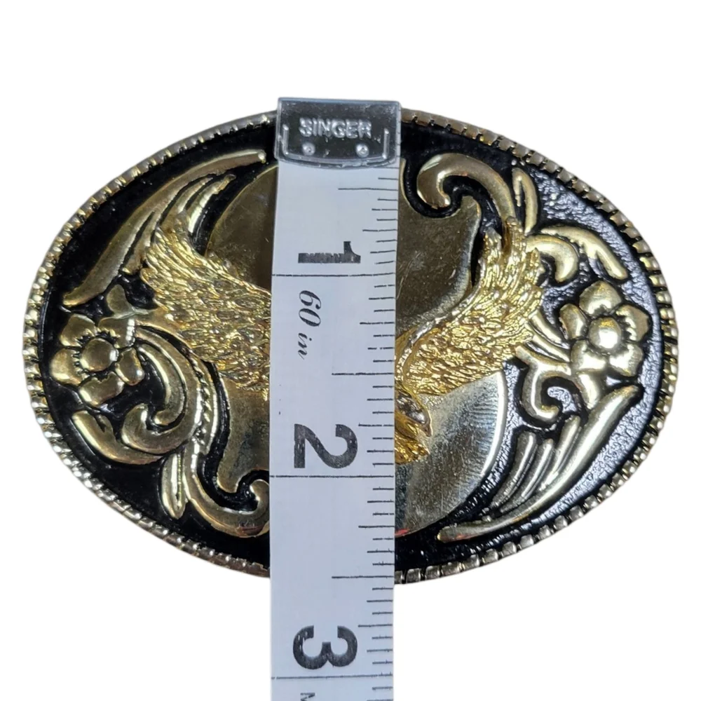 Soaring Eagle Belt Buckle Mens Western Floral Gold Tone Black Patriotic Vintage
